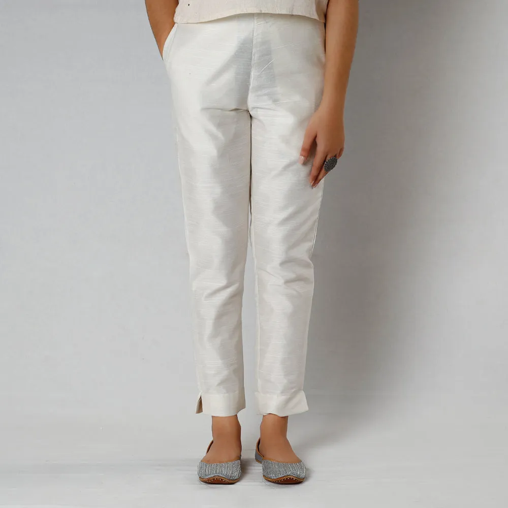 White Silk Tapered Casual Pant for Women