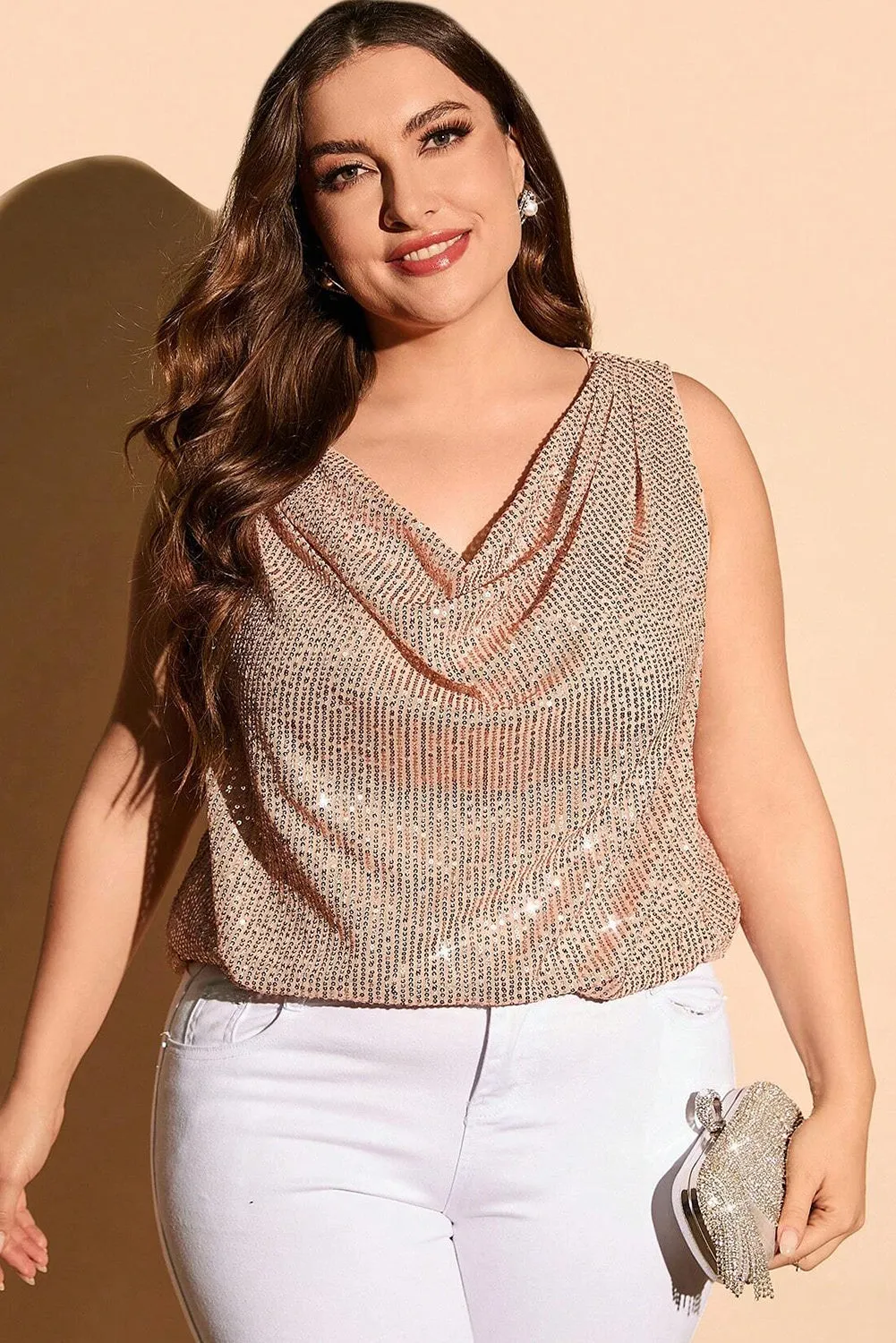 Wholesale Apricot Plus Size Drape Shoulder Sequin Tank Top