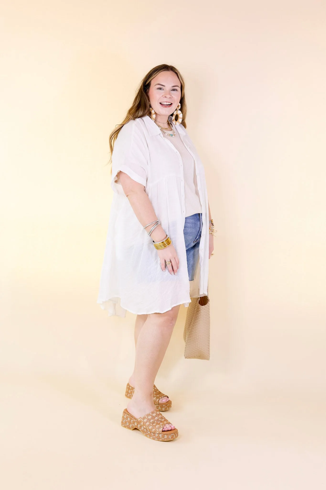 Wildest Dreams Button Up Short Sleeve Tunic Dress in White