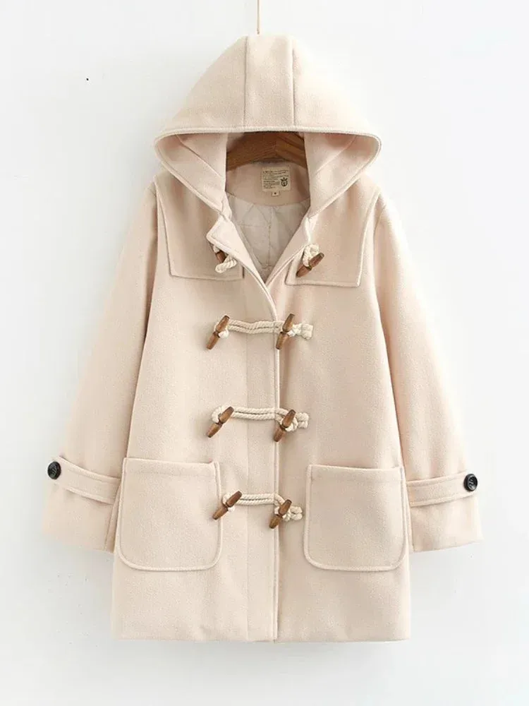 Winter Women Wool Blends Coat Straight Long Hooded Coats Jacket  Horn Button  Sleeve Preppy Style Female Warmness Outwears