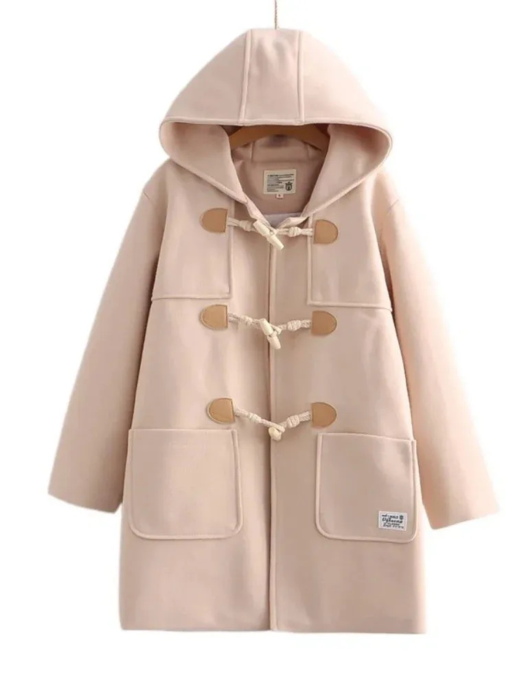 Winter Women Wool Blends Coat Straight Long Hooded Coats Jacket  Horn Button  Sleeve Preppy Style Female Warmness Outwears