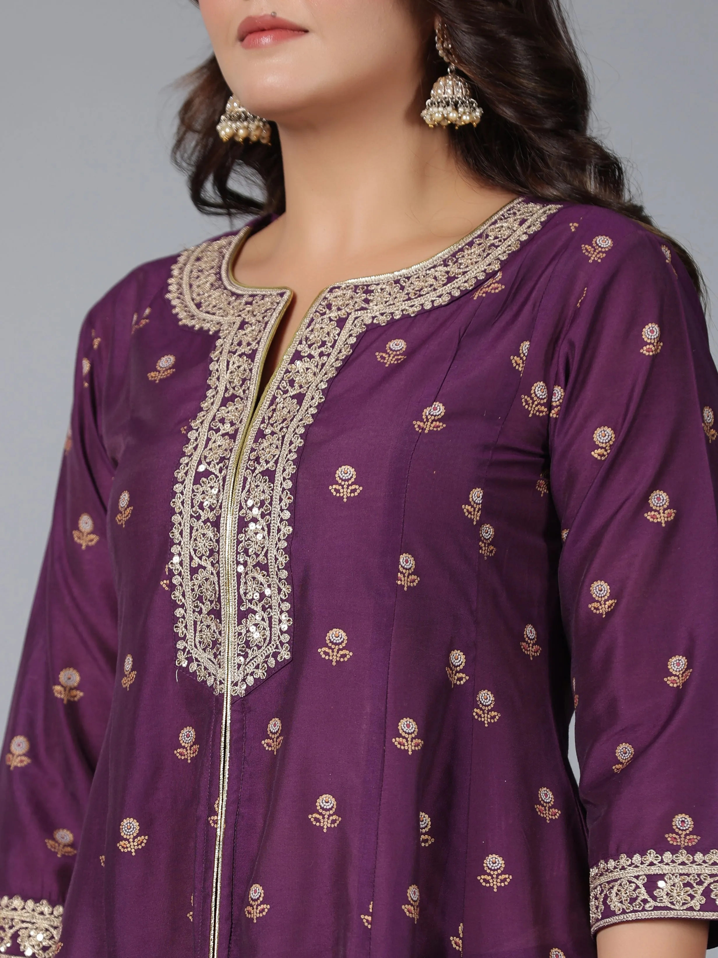 Women Purple Chanderi Printed With Embroidery Kurta, Pants & Dupatta Sets