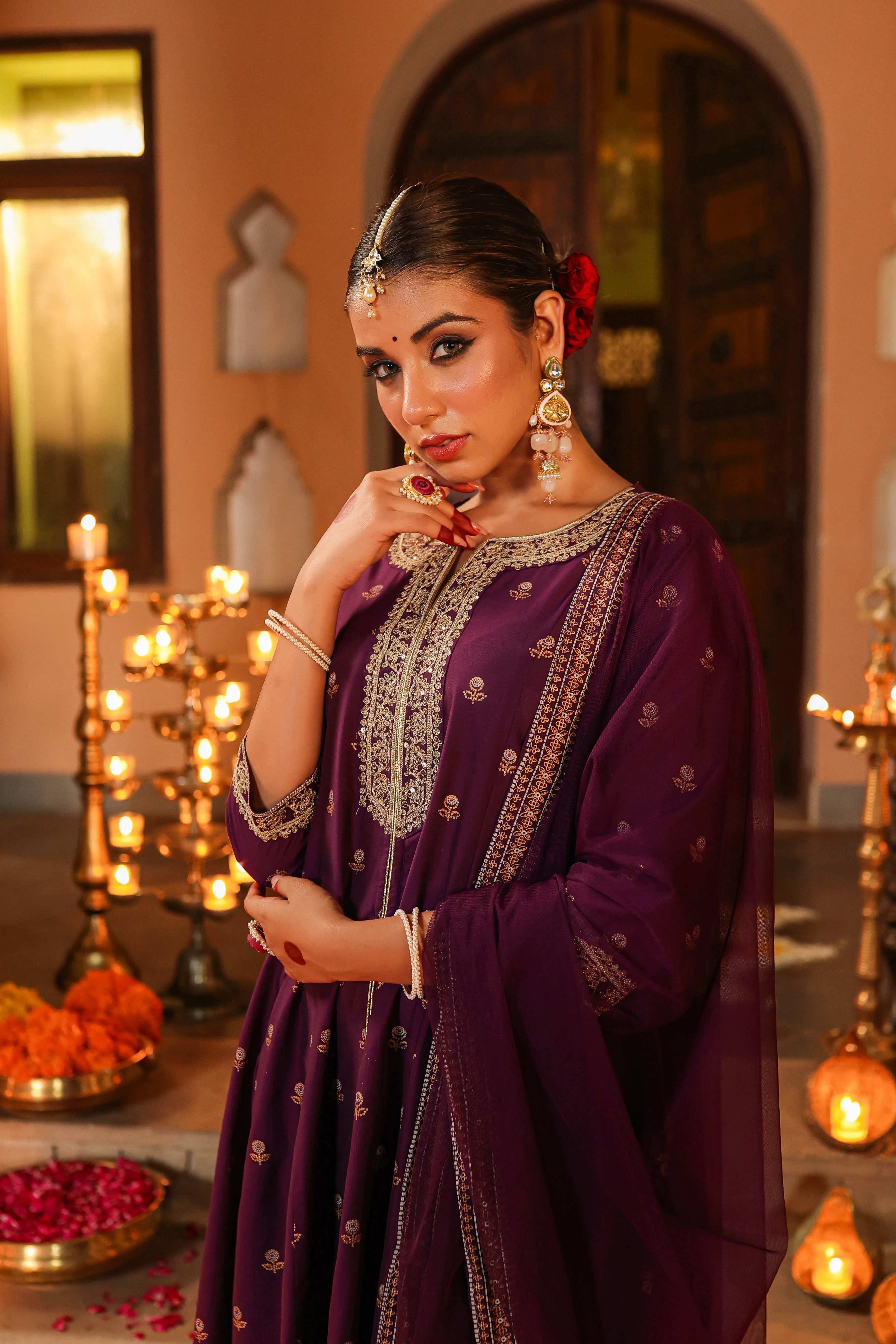 Women Purple Chanderi Printed With Embroidery Kurta, Pants & Dupatta Sets