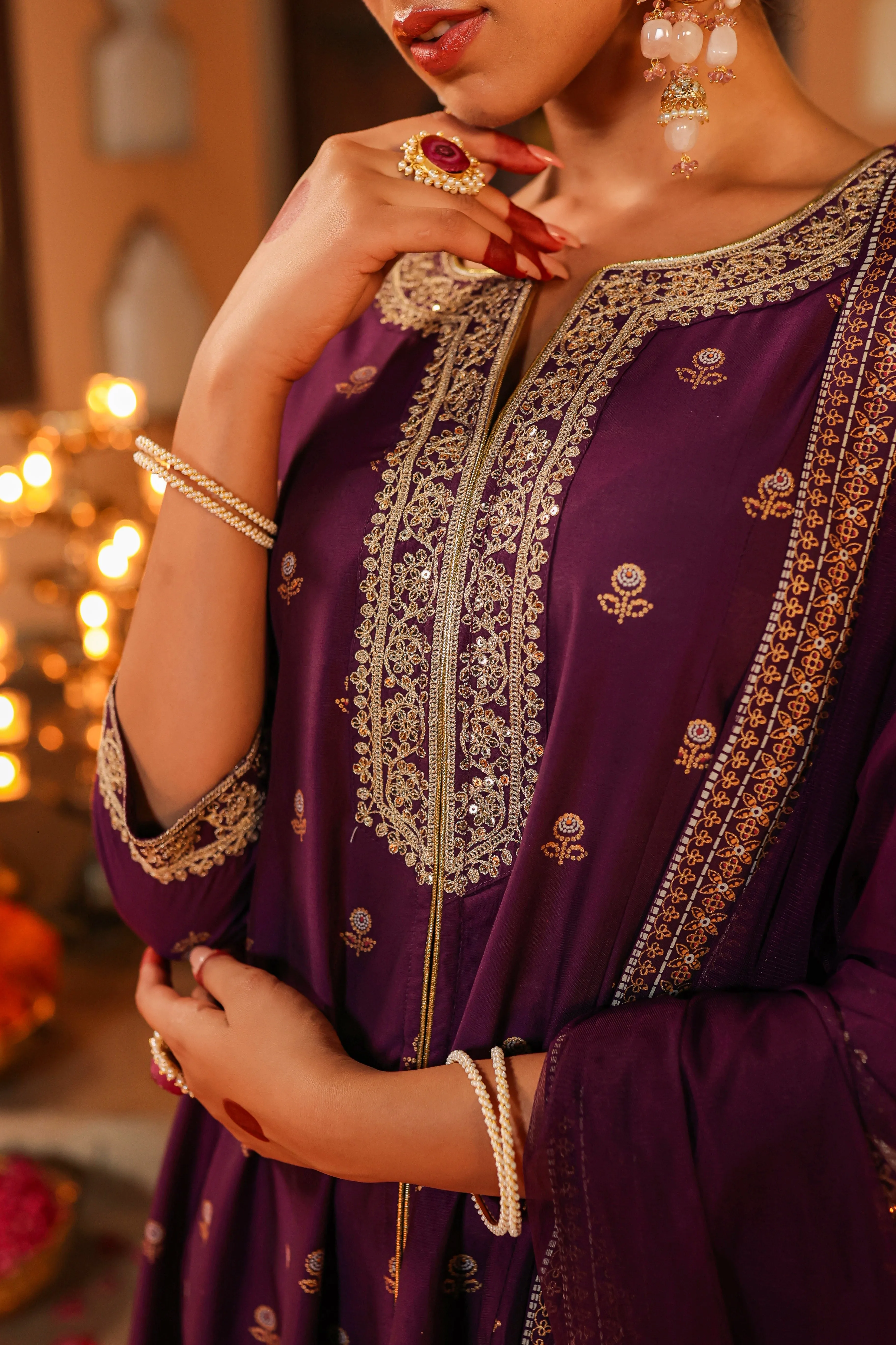 Women Purple Chanderi Printed With Embroidery Kurta, Pants & Dupatta Sets