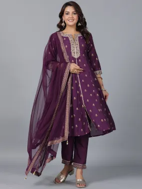 Women Purple Chanderi Printed With Embroidery Kurta, Pants & Dupatta Sets