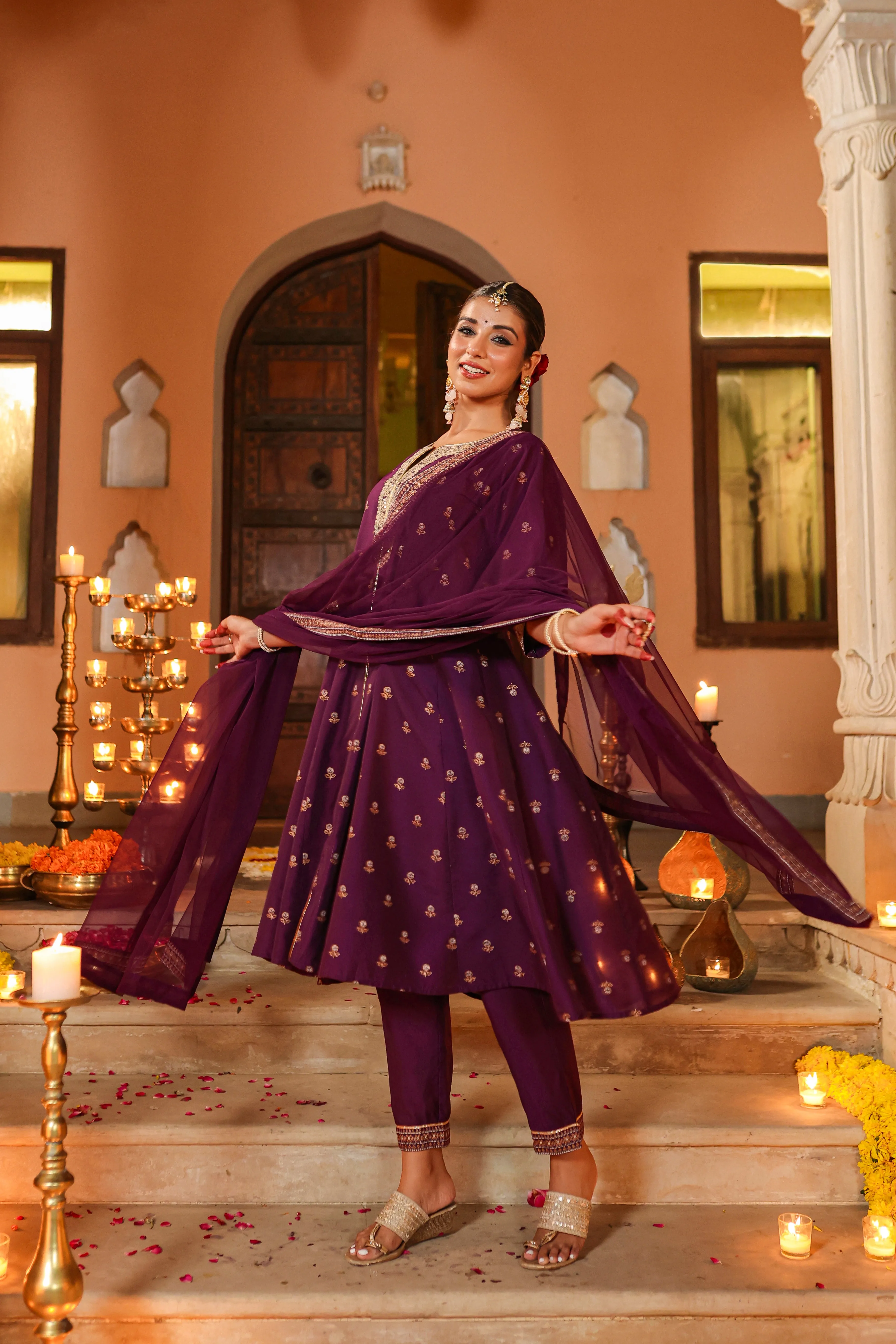 Women Purple Chanderi Printed With Embroidery Kurta, Pants & Dupatta Sets