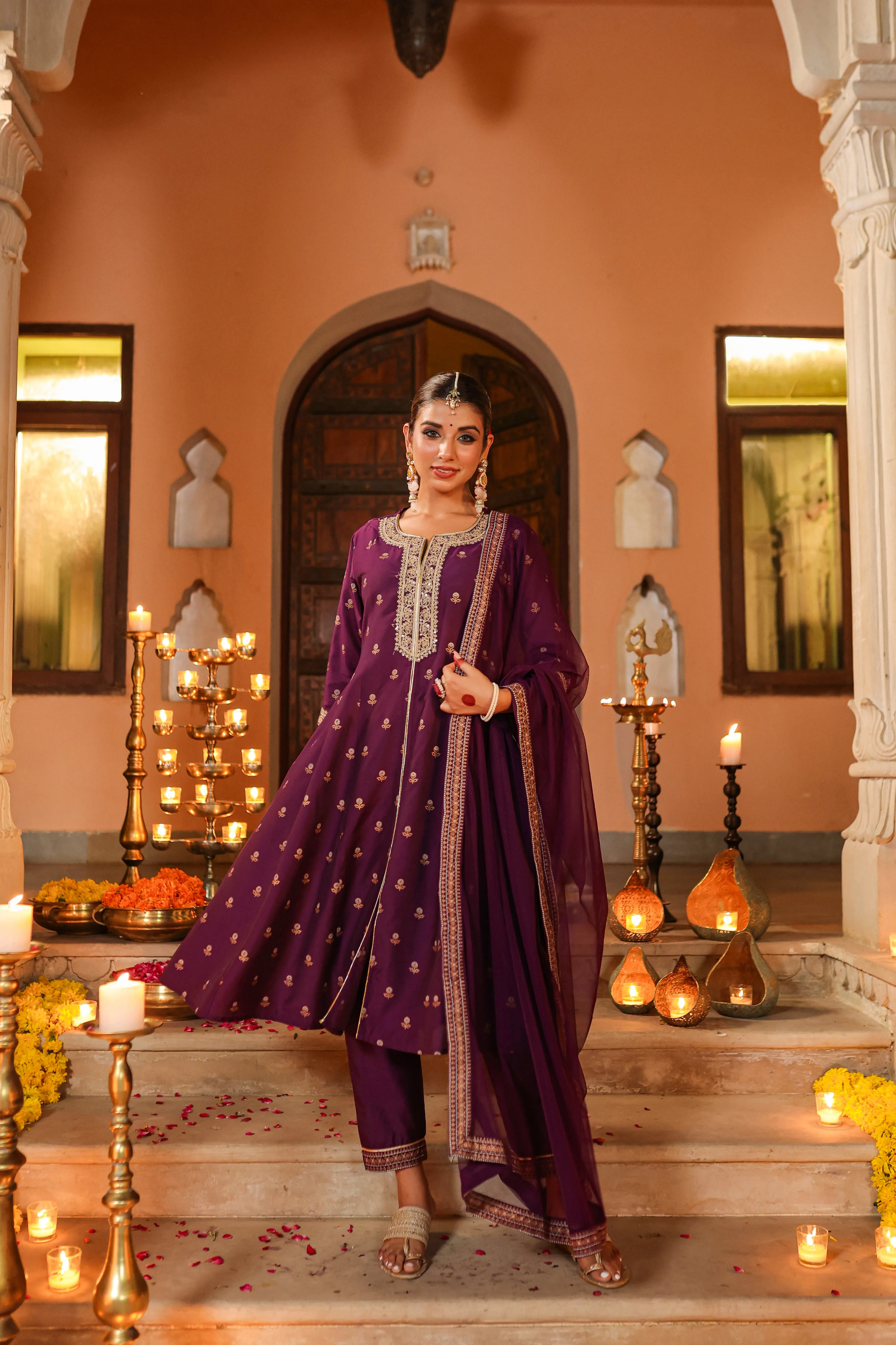 Women Purple Chanderi Printed With Embroidery Kurta, Pants & Dupatta Sets