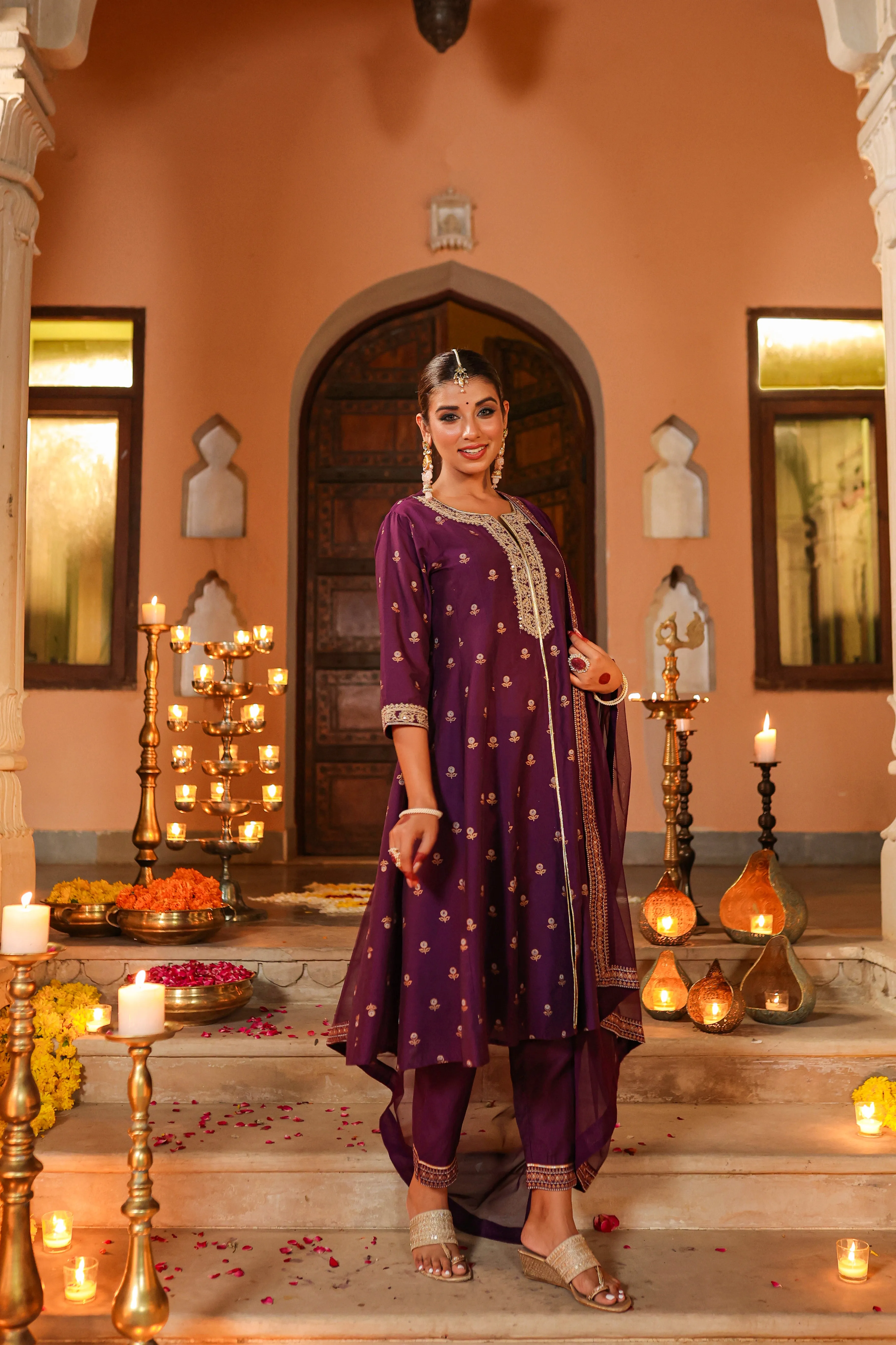 Women Purple Chanderi Printed With Embroidery Kurta, Pants & Dupatta Sets