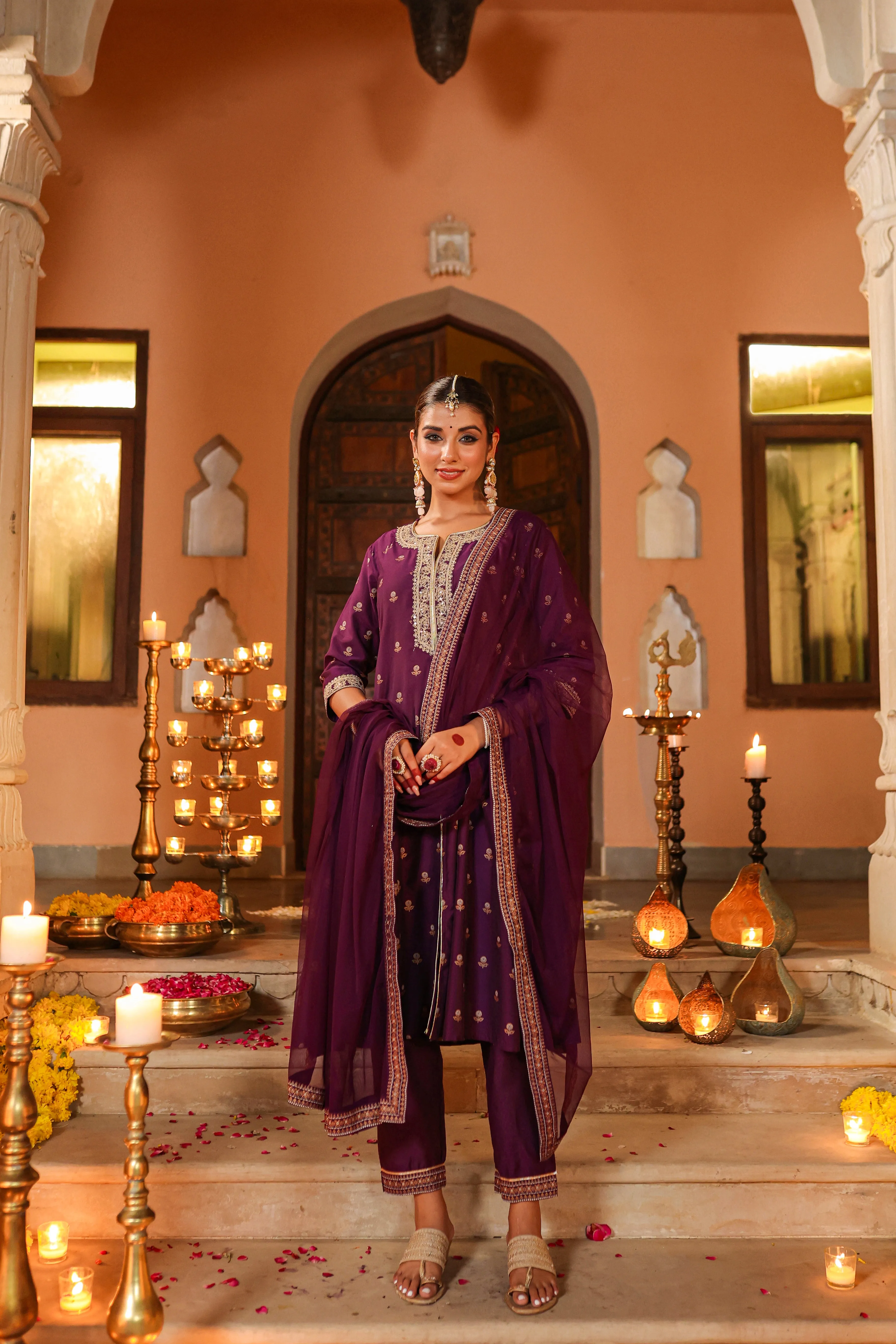 Women Purple Chanderi Printed With Embroidery Kurta, Pants & Dupatta Sets