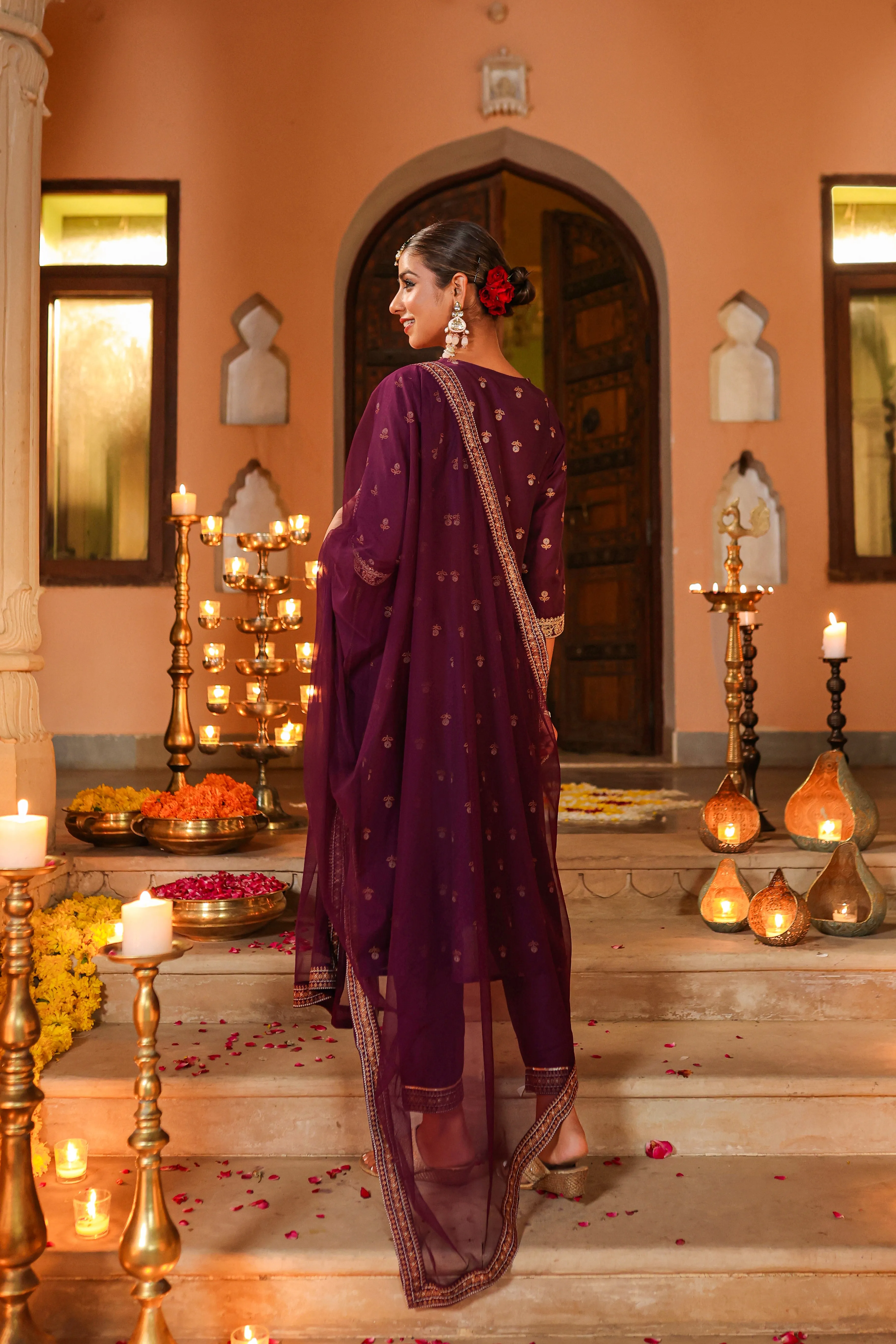 Women Purple Chanderi Printed With Embroidery Kurta, Pants & Dupatta Sets