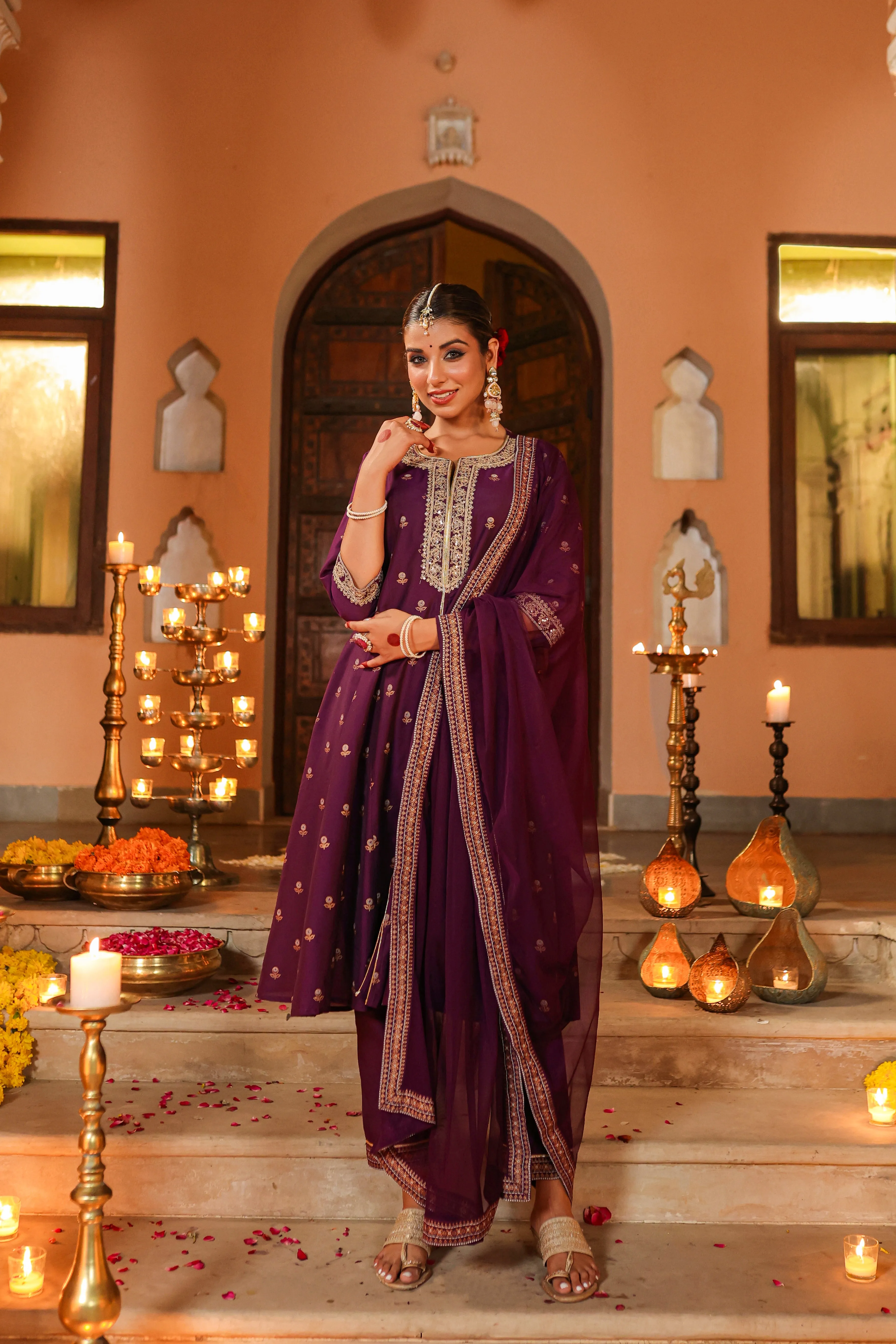 Women Purple Chanderi Printed With Embroidery Kurta, Pants & Dupatta Sets