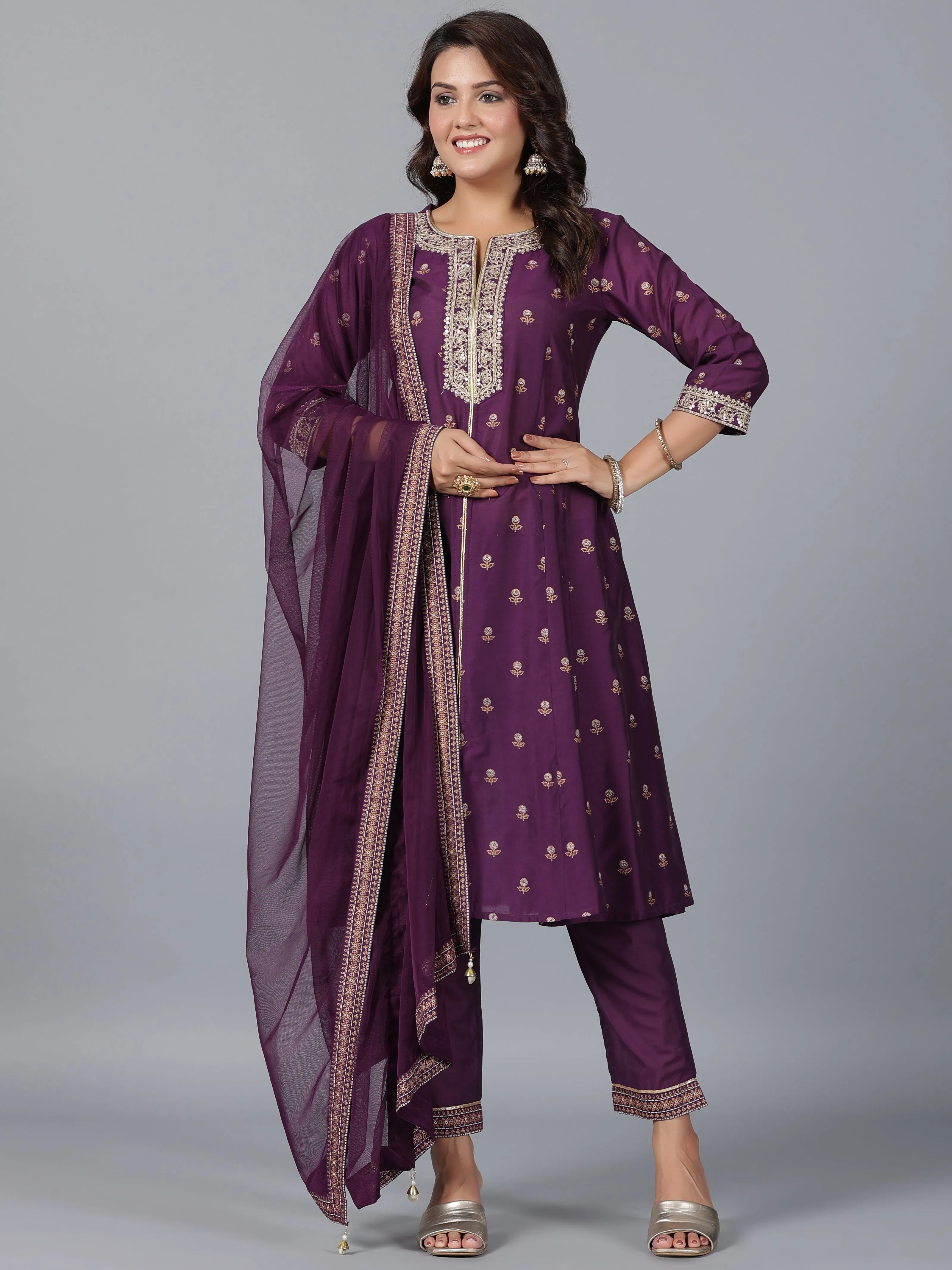 Women Purple Chanderi Printed With Embroidery Kurta, Pants & Dupatta Sets