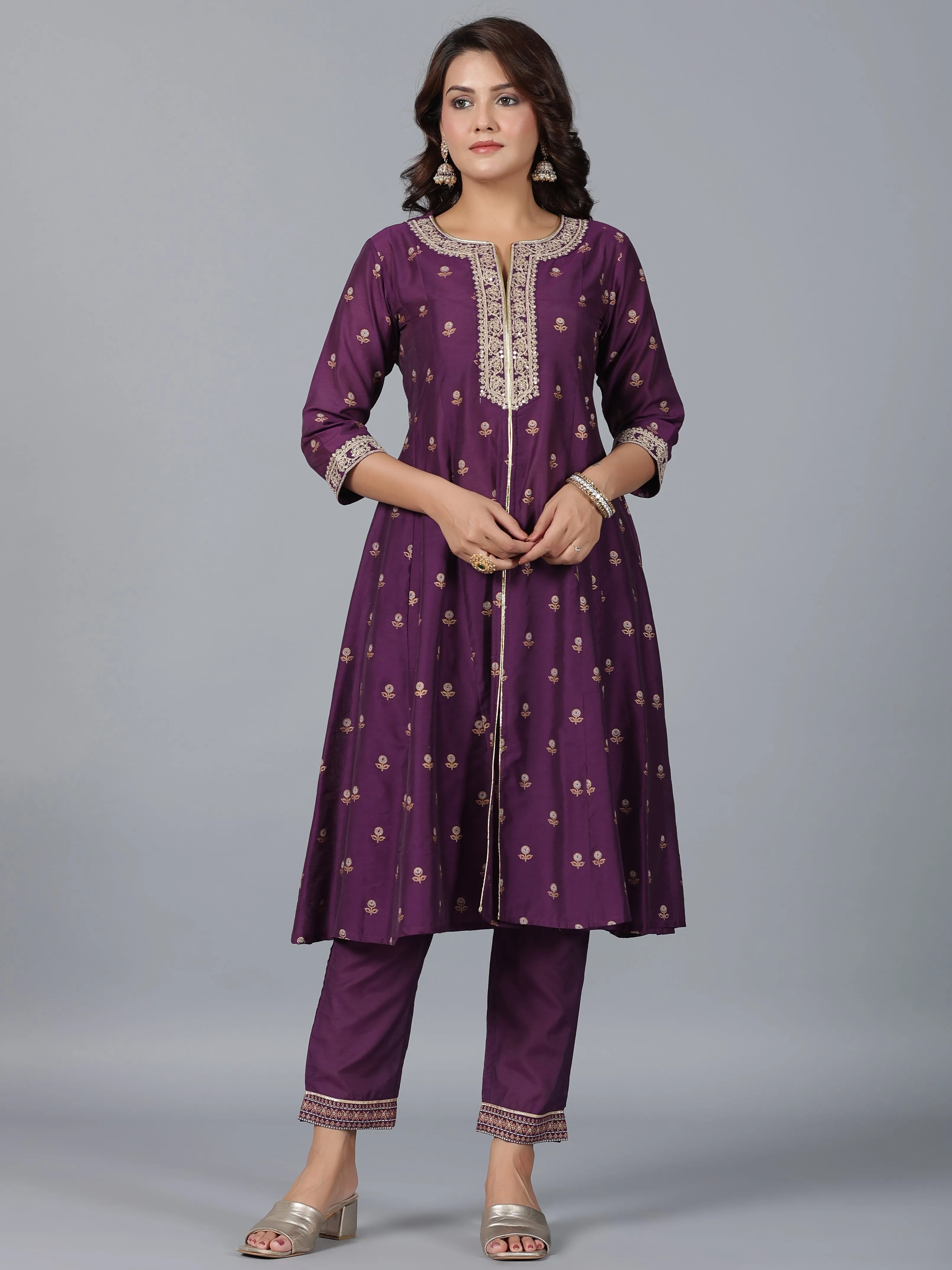 Women Purple Chanderi Printed With Embroidery Kurta, Pants & Dupatta Sets