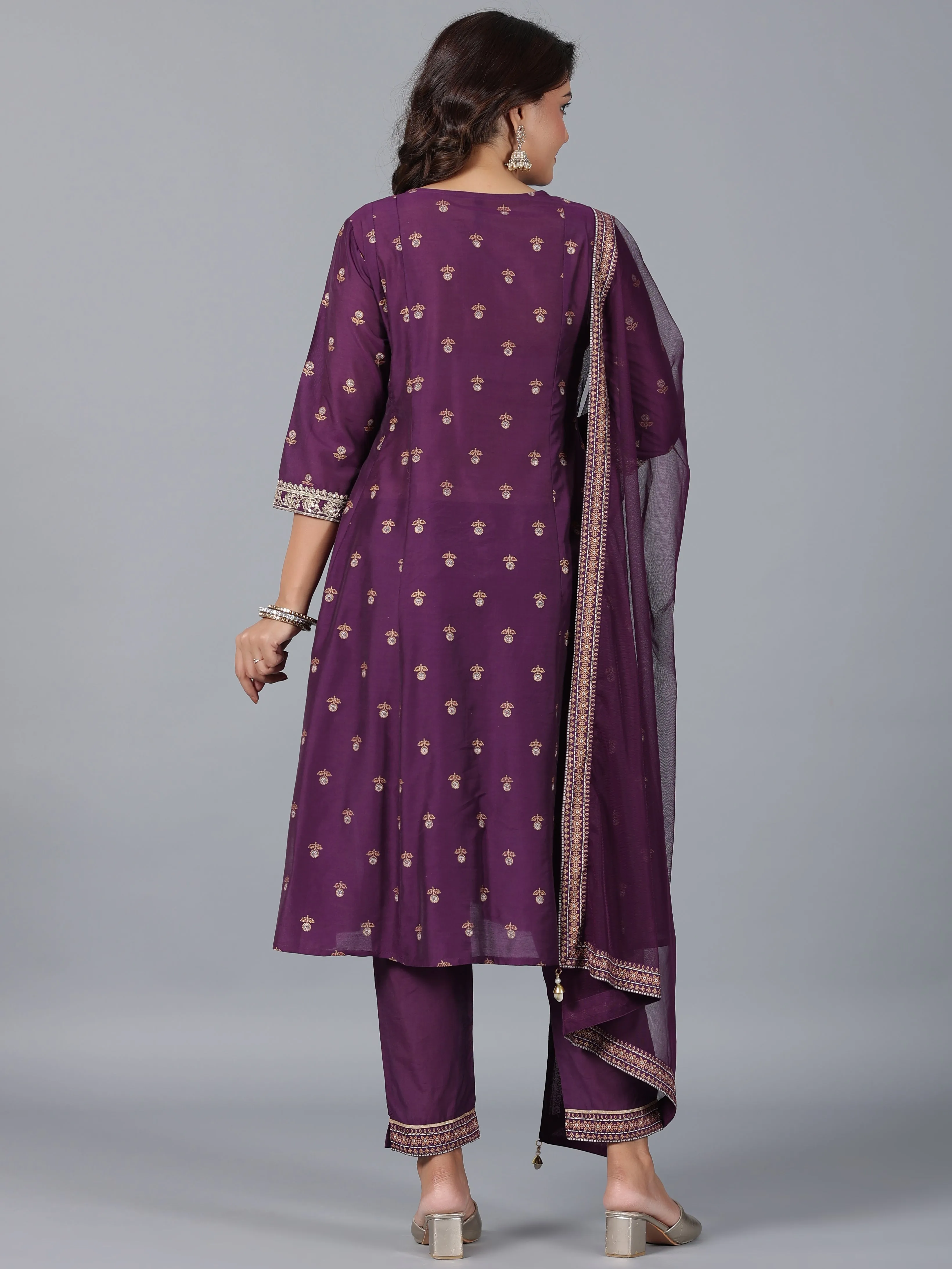 Women Purple Chanderi Printed With Embroidery Kurta, Pants & Dupatta Sets