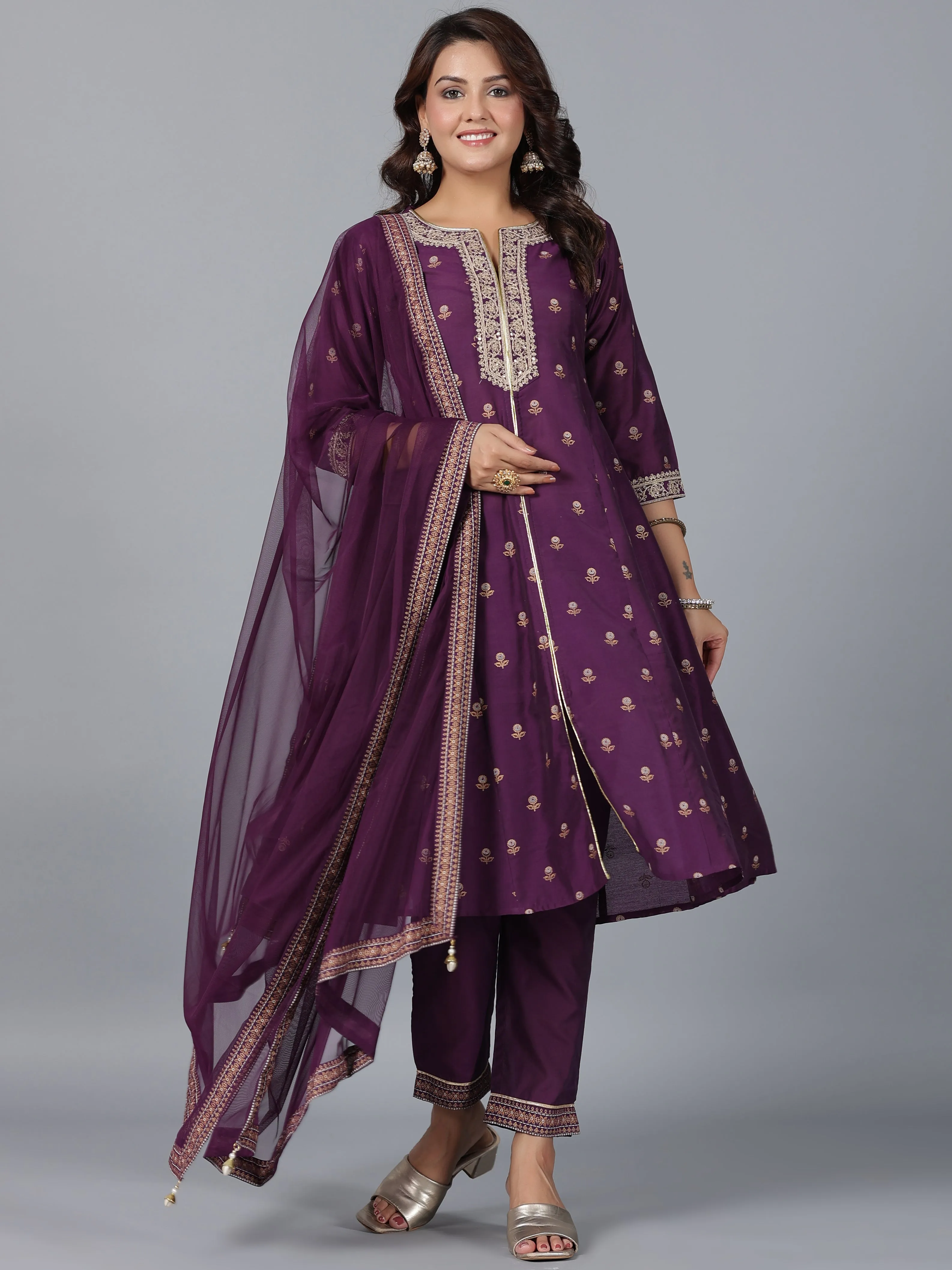 Women Purple Chanderi Printed With Embroidery Kurta, Pants & Dupatta Sets