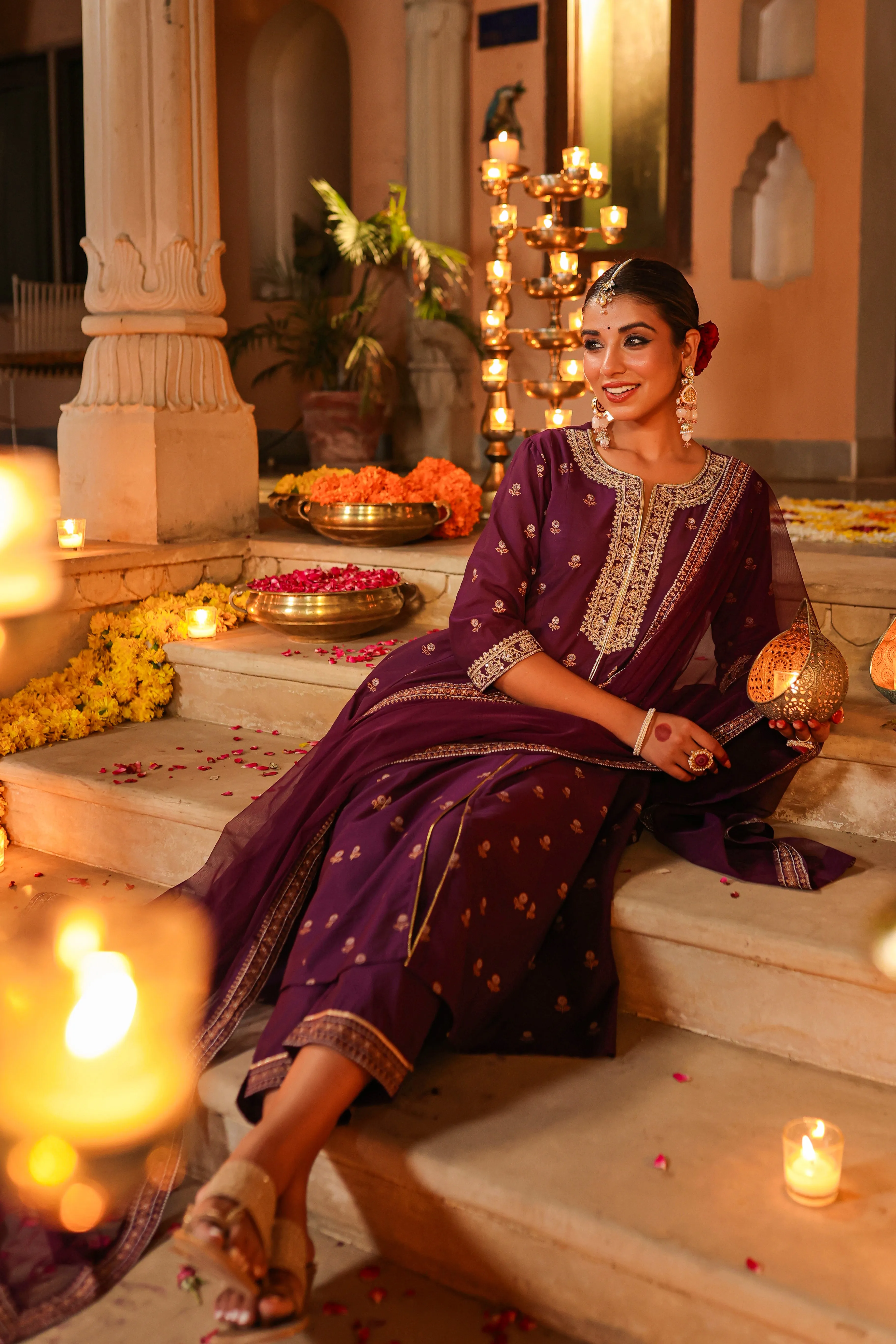 Women Purple Chanderi Printed With Embroidery Kurta, Pants & Dupatta Sets