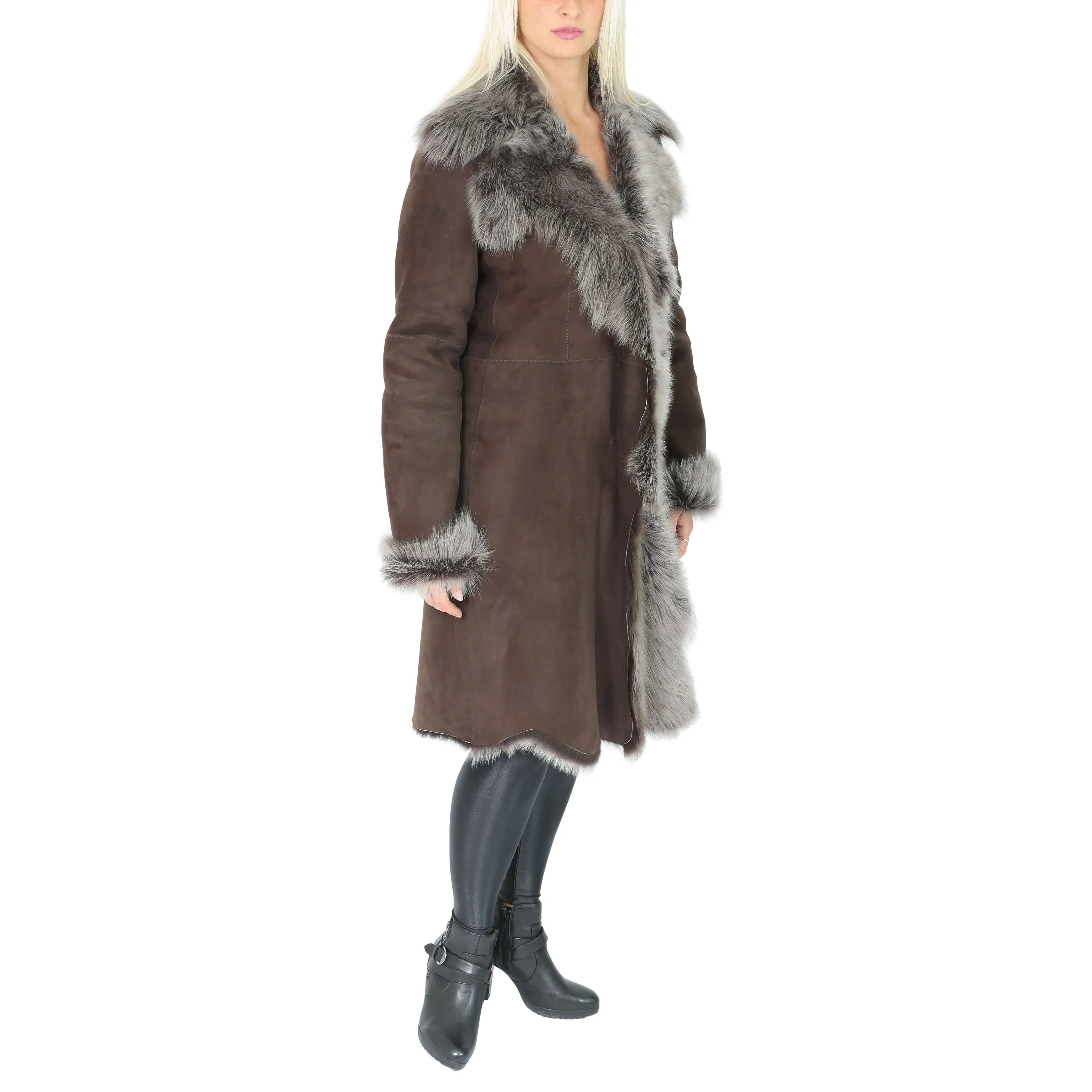 Womens 3/4 Length Toscana Shearling Luxury Coat Brown Brissa