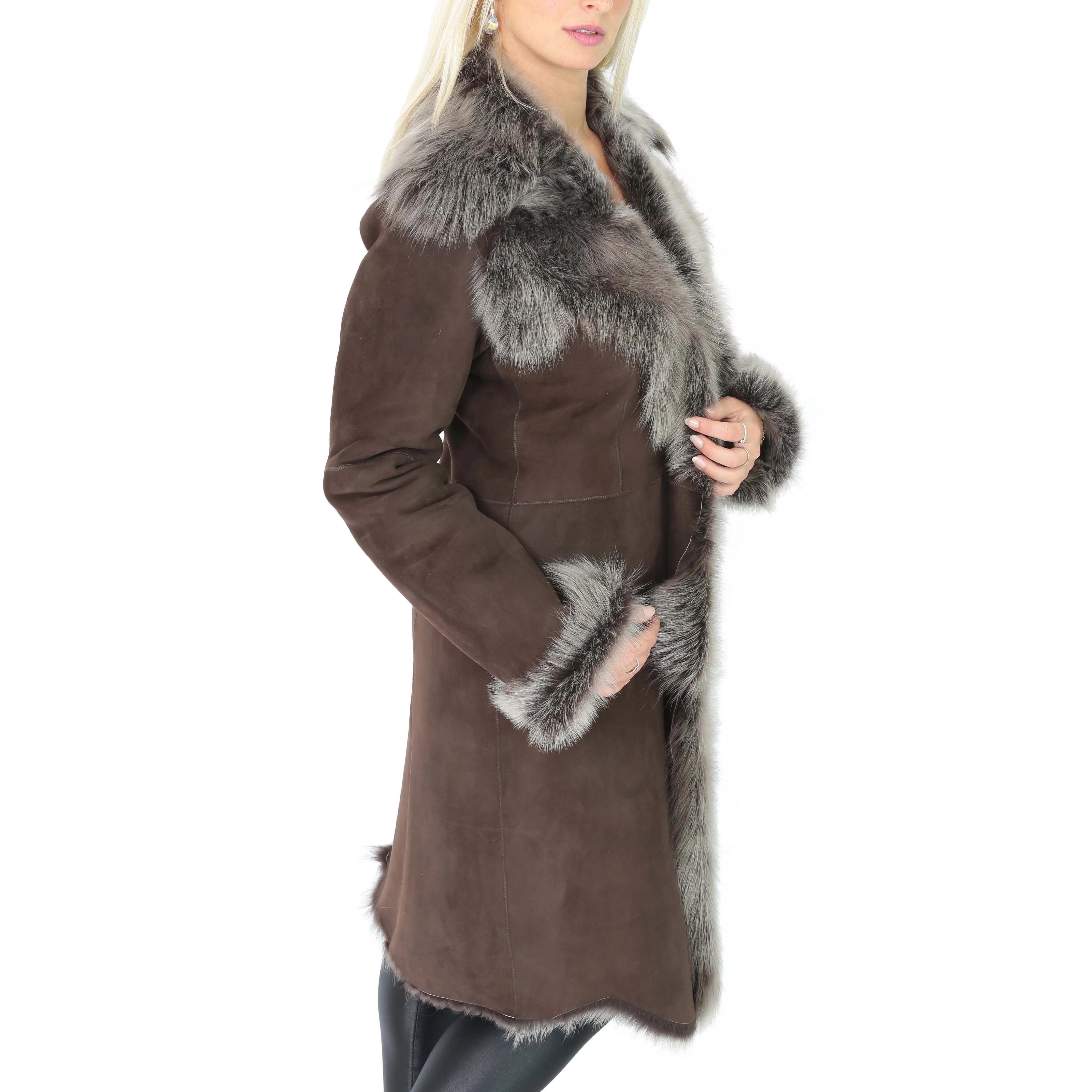 Womens 3/4 Length Toscana Shearling Luxury Coat Brown Brissa