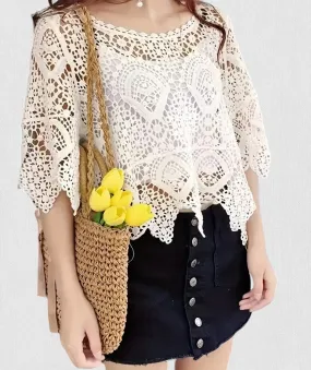 Women's Crochet Tops Laced Pullover Boho Half Sleeve Crop Top Hollow Out