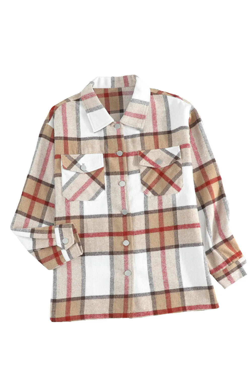 Womens Khaki Plaid Print Shirt Coat