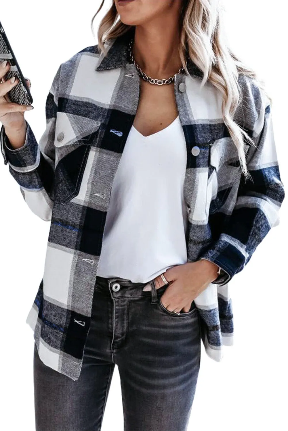 Womens Khaki Plaid Print Shirt Coat