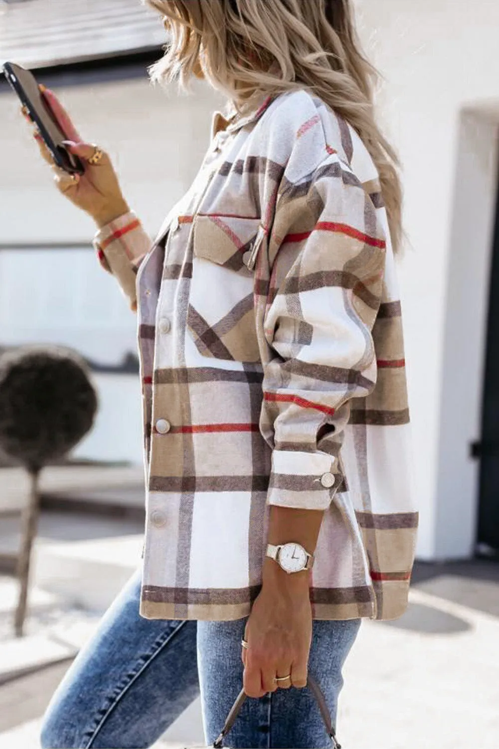 Womens Khaki Plaid Print Shirt Coat