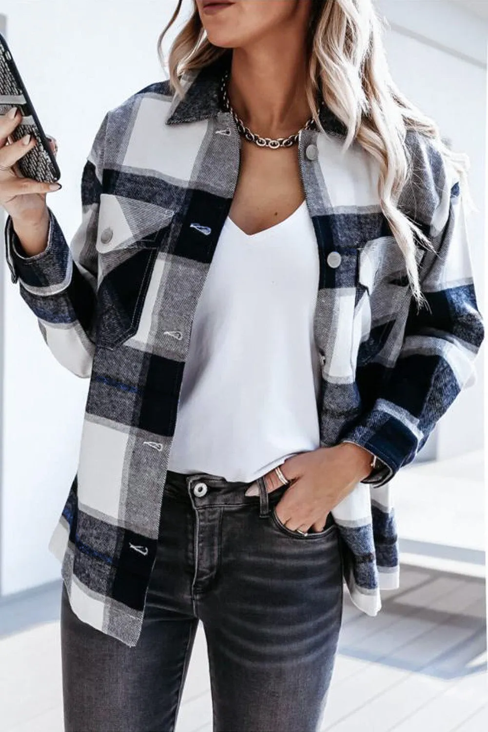 Womens Khaki Plaid Print Shirt Coat