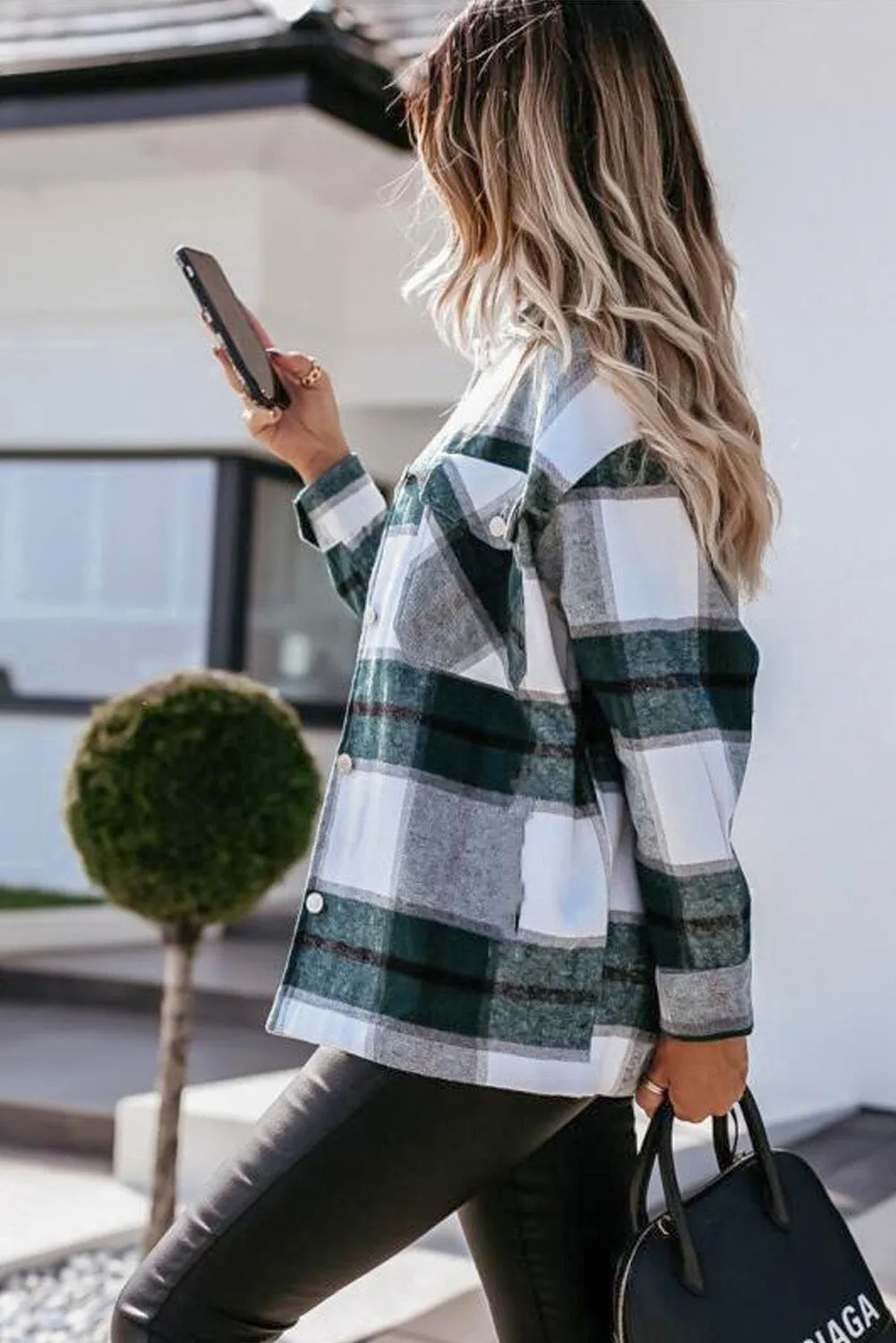 Womens Khaki Plaid Print Shirt Coat