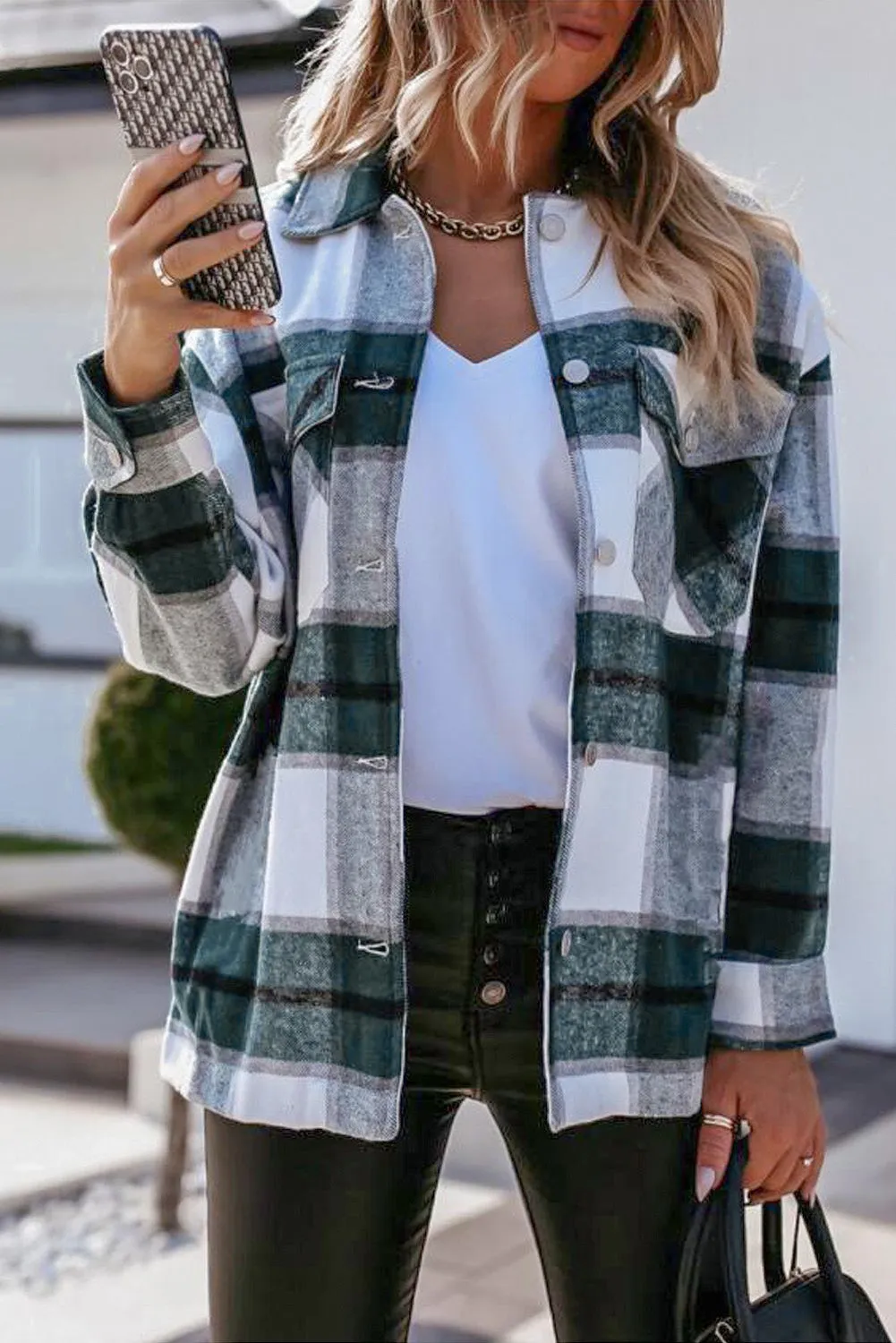 Womens Khaki Plaid Print Shirt Coat