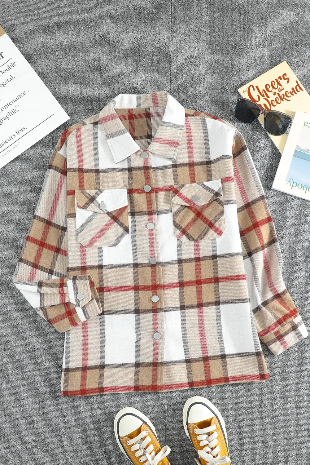 Womens Khaki Plaid Print Shirt Coat