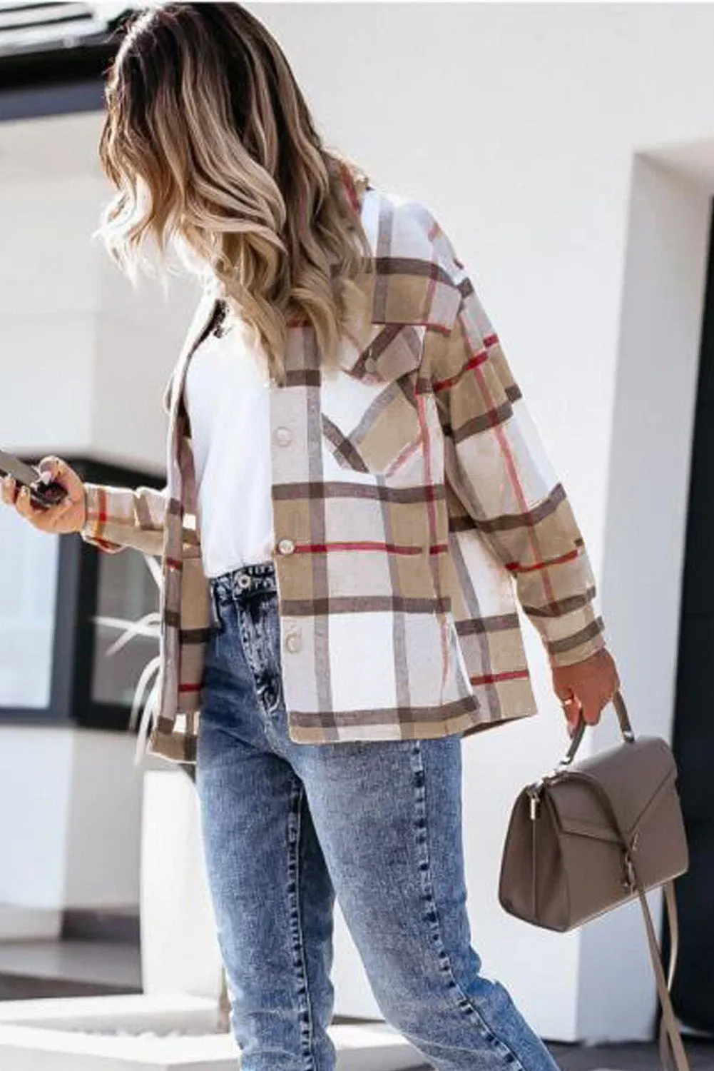 Womens Khaki Plaid Print Shirt Coat