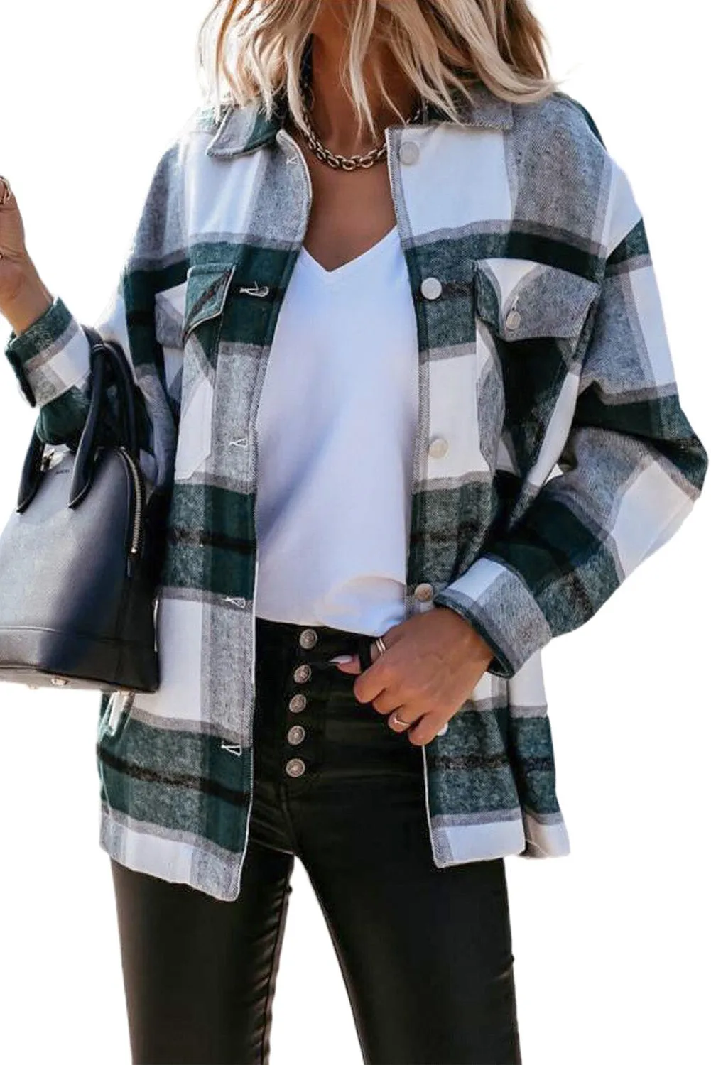 Womens Khaki Plaid Print Shirt Coat