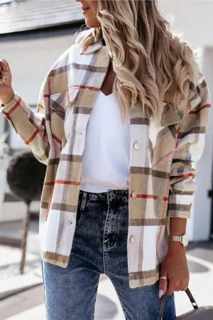 Womens Khaki Plaid Print Shirt Coat