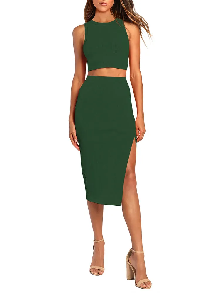 Women's Sexy Bodycon Dress Ribbed Tank Top Slim Party Cocktail Midi Skirt 2 Piece Outfits