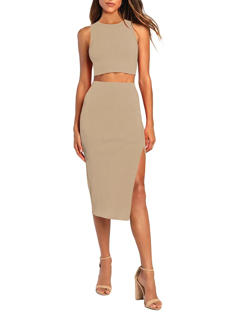 Women's Sexy Bodycon Dress Ribbed Tank Top Slim Party Cocktail Midi Skirt 2 Piece Outfits