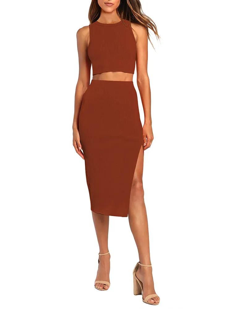 Women's Sexy Bodycon Dress Ribbed Tank Top Slim Party Cocktail Midi Skirt 2 Piece Outfits