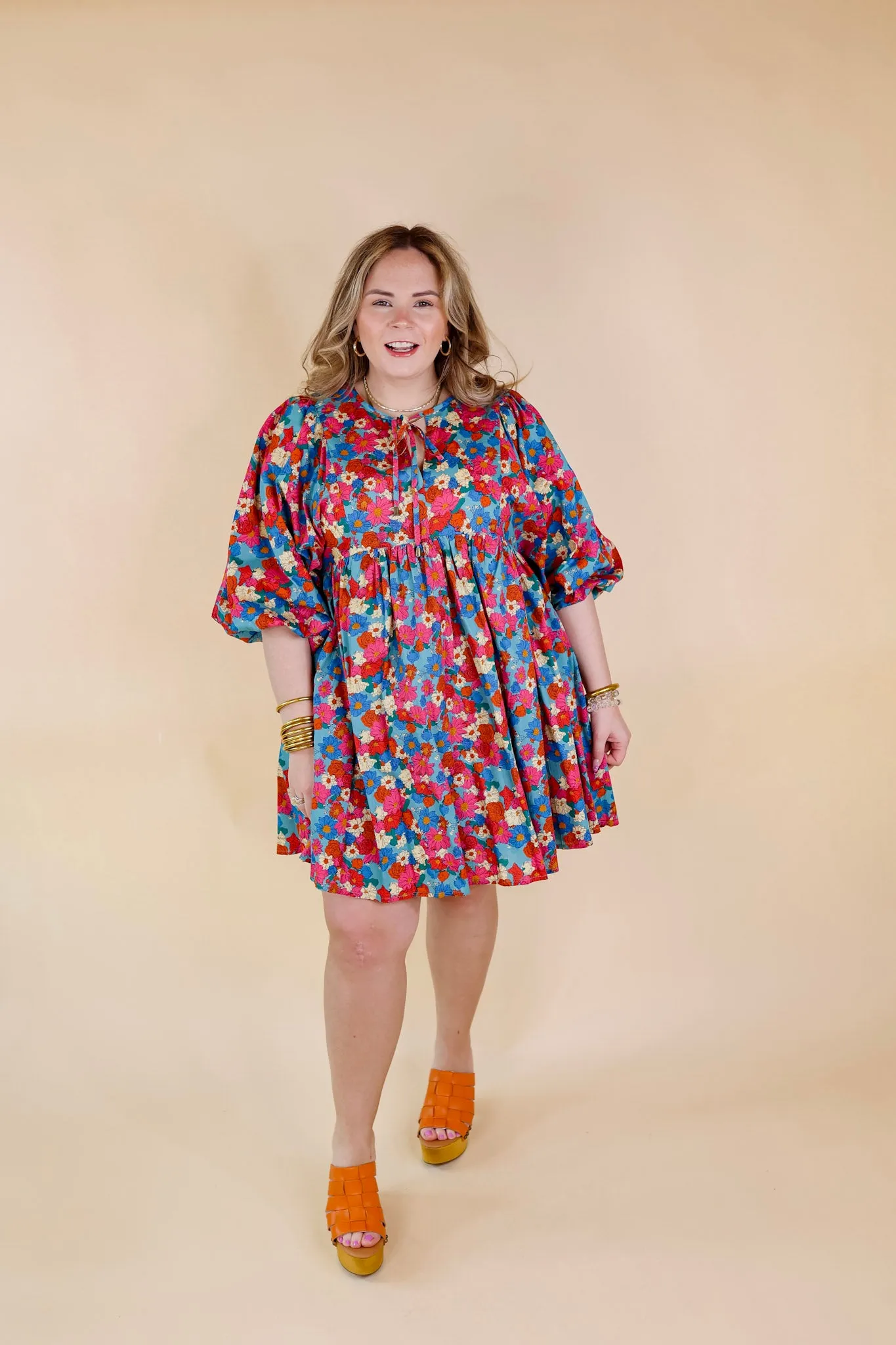 Wrapped In Love Floral Half Sleeve Dress with Keyhole Front in Turquoise