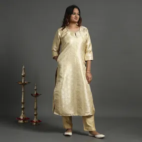 Yellow - Beige - Elegant Banarasi Brocade Silk Kurta with Pant Set