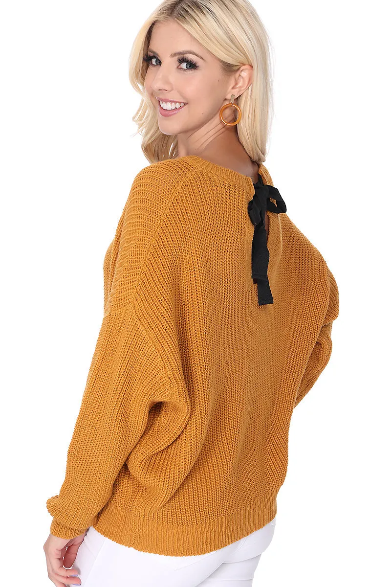 Yemak Women's Oversized Waffle Knit Sweater Pullover with Back Bow MK8224