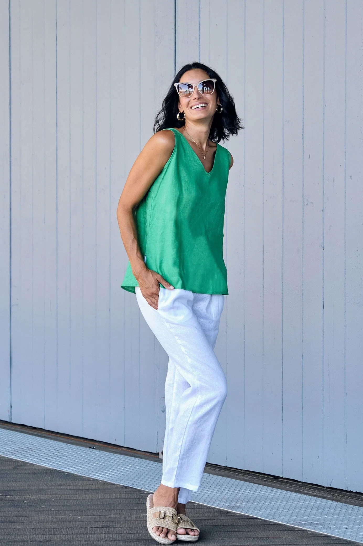 Zoe Linen Sleeveless Top Emerald